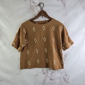 Roolee X GParrish Top Women XS Brown Embroidered Crop Diamond Print Gauze Ginger
